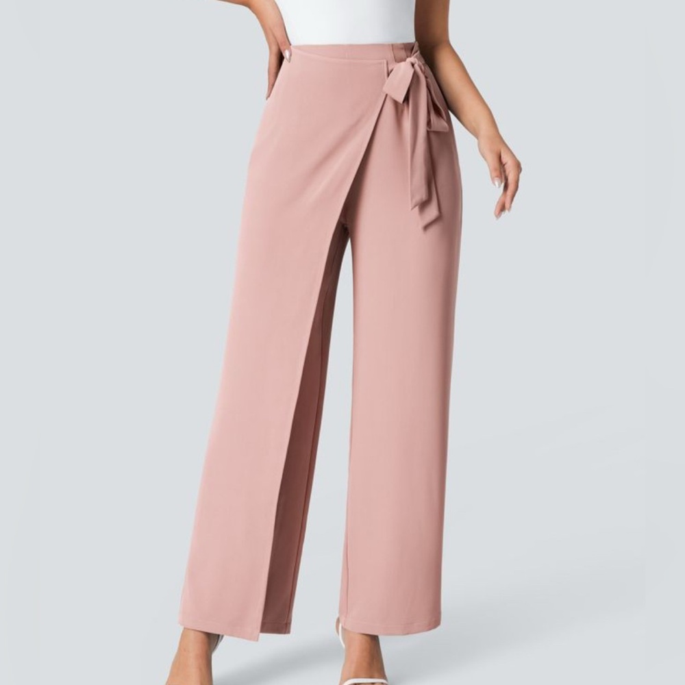 Halara High Waisted Tie Side invisible Zipper Wide Leg Work Pant FrostPeach Pink